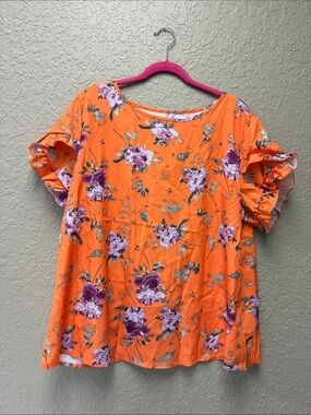 Shein Curve 2X Orange Floral Ruffle Sleeve Blouse NWOT